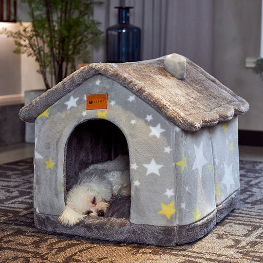 Foldable Enclosed Dog House – Warm Winter Cave Kennel for Cats & Dogs – side view