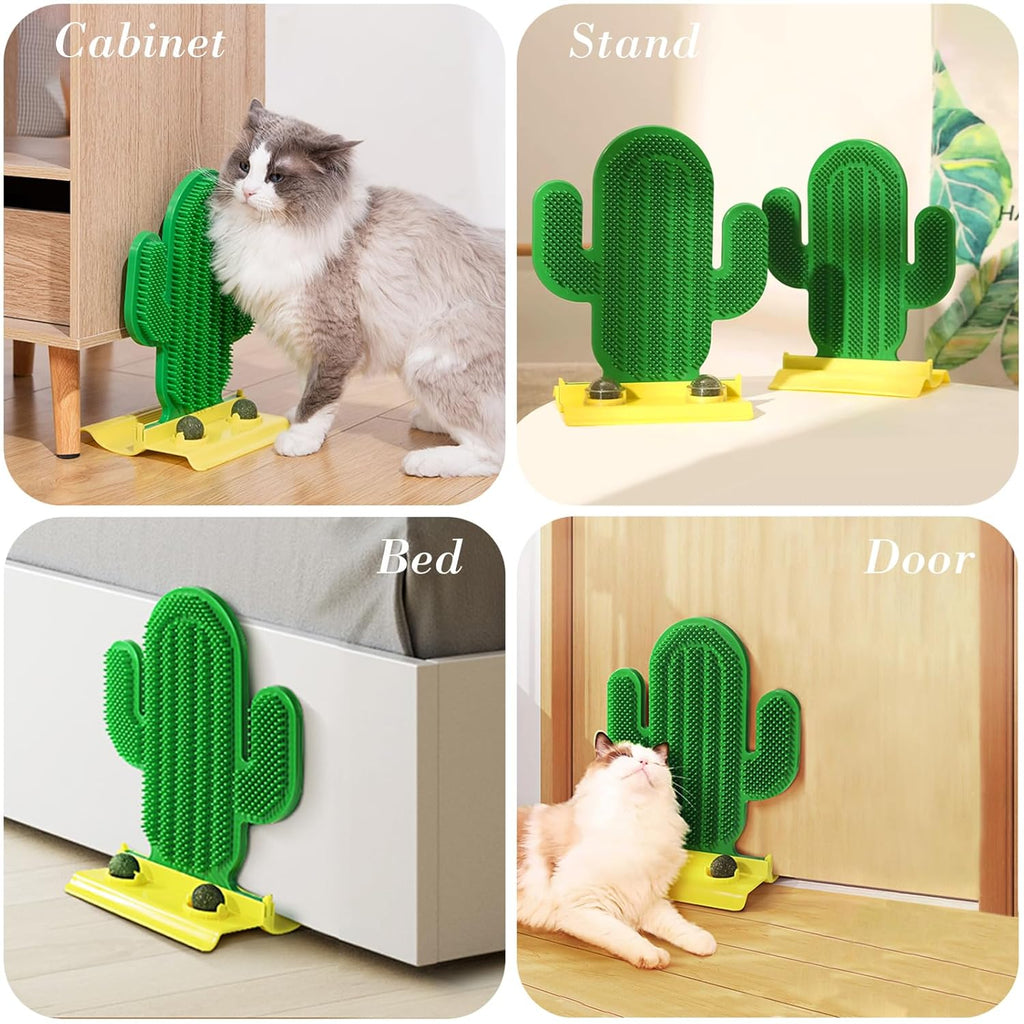 Cactus-Shaped Corner Groomer with Catnip Balls, for cats.