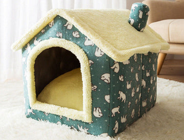 Foldable Enclosed Dog House – Warm Winter Cave Kennel for Cats & Dogs – in use