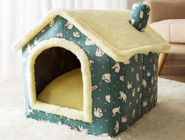 Foldable Enclosed Dog House – Warm Winter Cave Kennel for Cats & Dogs – in use
