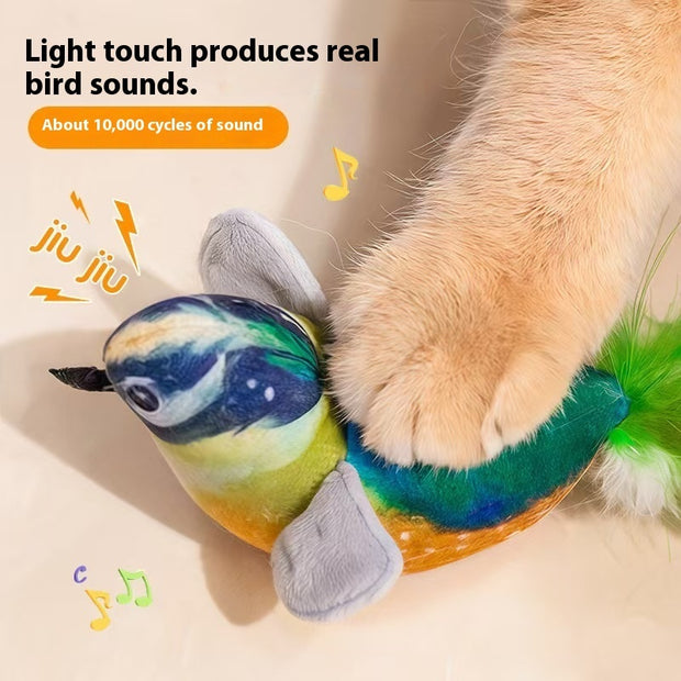 Realistic Chirping Bird Cat Toy – Interactive Plush Teaser – in use
