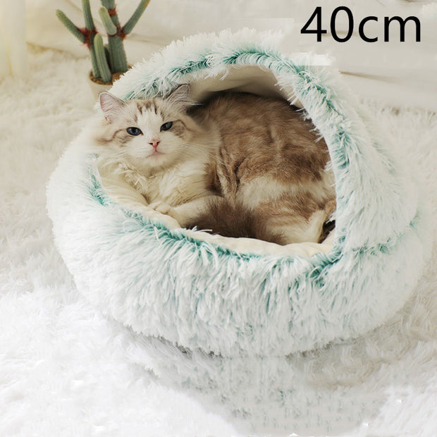 american shorthair in XL round plush pet house warm