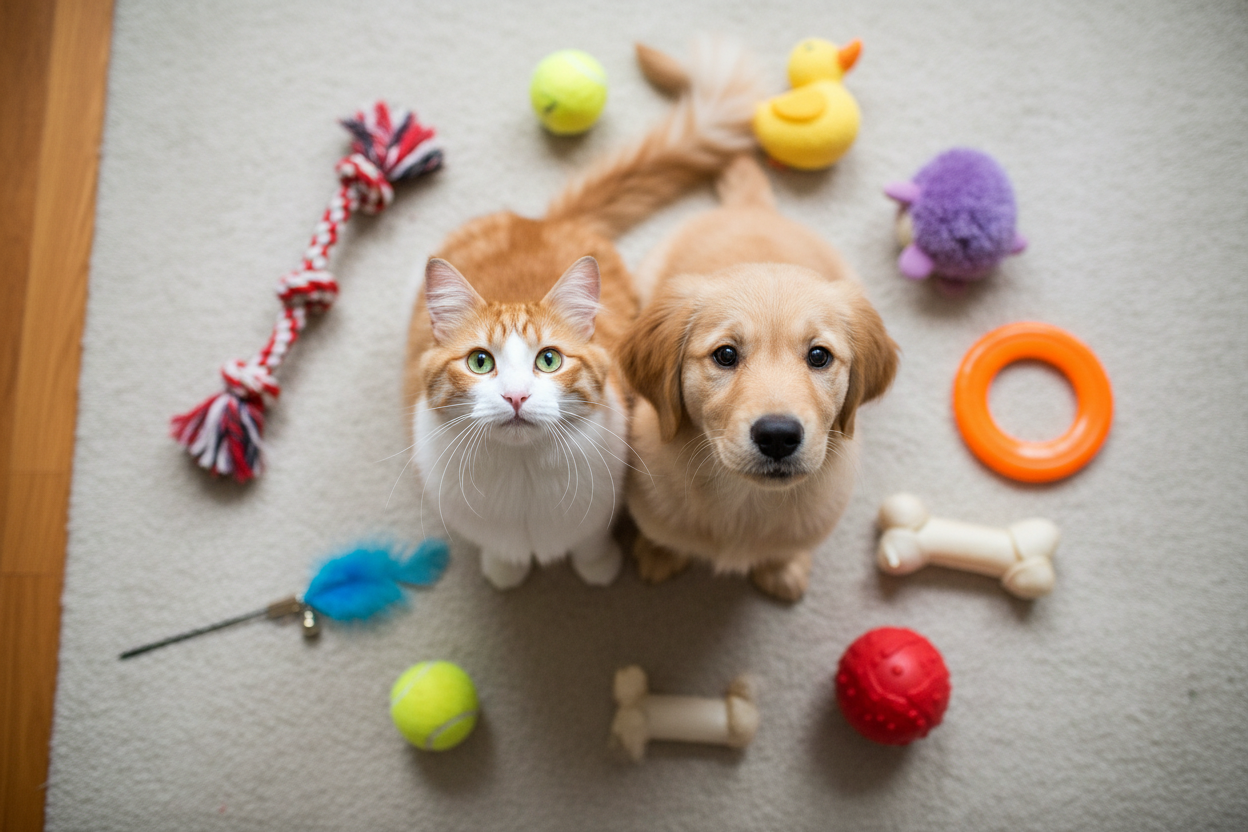 an orange and white cat with green eyes and a puppy surronding 8 diffirent toys and the are looking to the camera from the up side which is taking the picture from long range