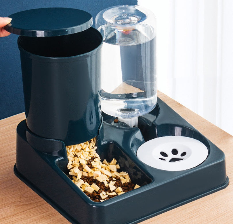 Pet feeder and water dispenser on a wooden surface with a blue wall background