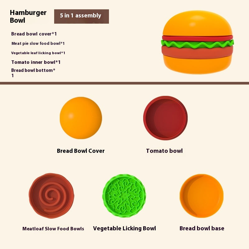 Hamburger-Shaped 5-Compartment Slow Feeder Bowl, for dogs.