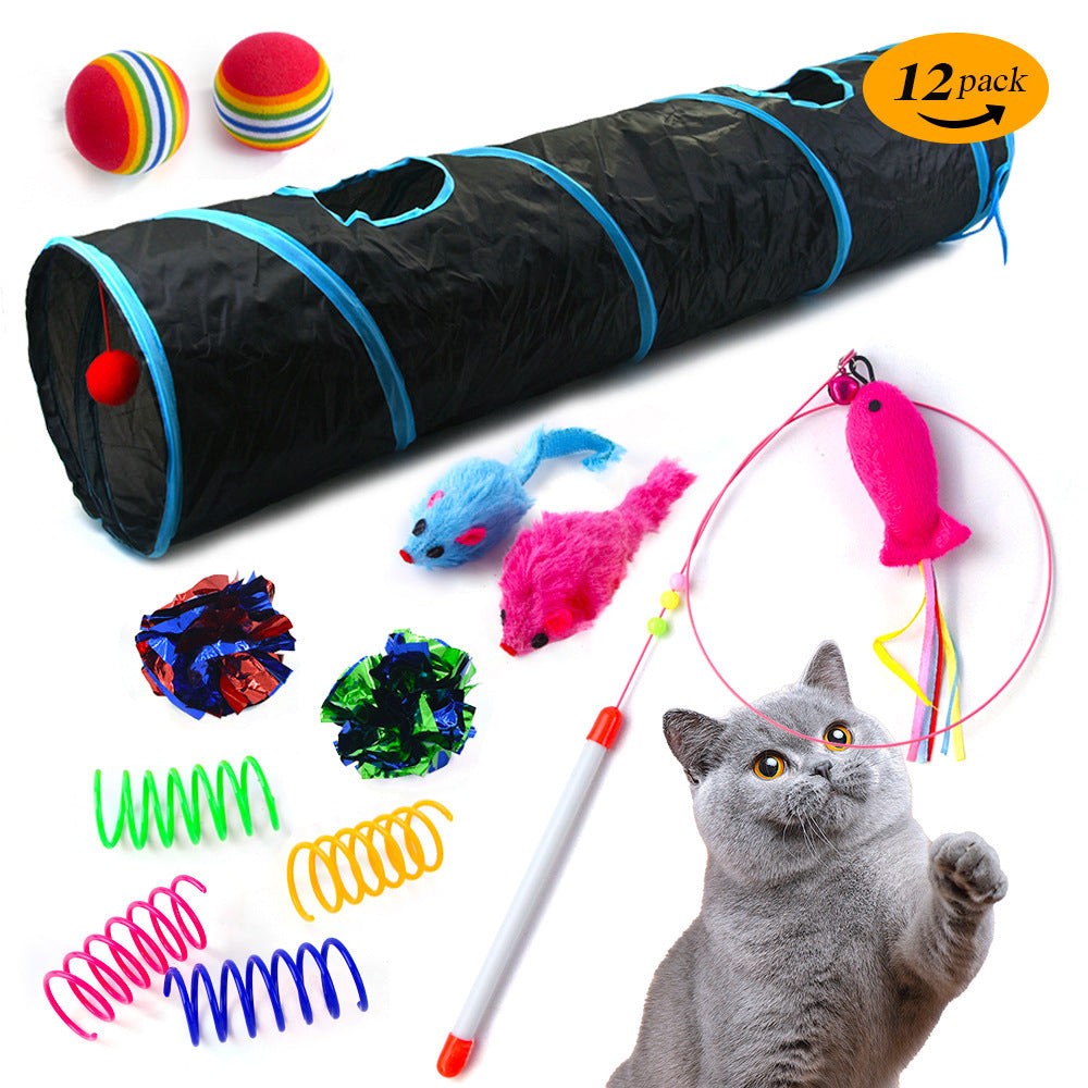 New Style Pet Cat Toy Suit Small Fish Steel Wire Cat Teaser Plush Mouse Spring Cat Tunnel Cat Toy