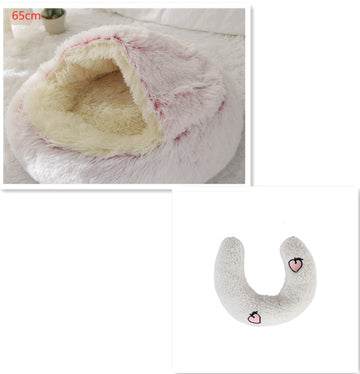 basenji puppy in pink round winter plush bed size M