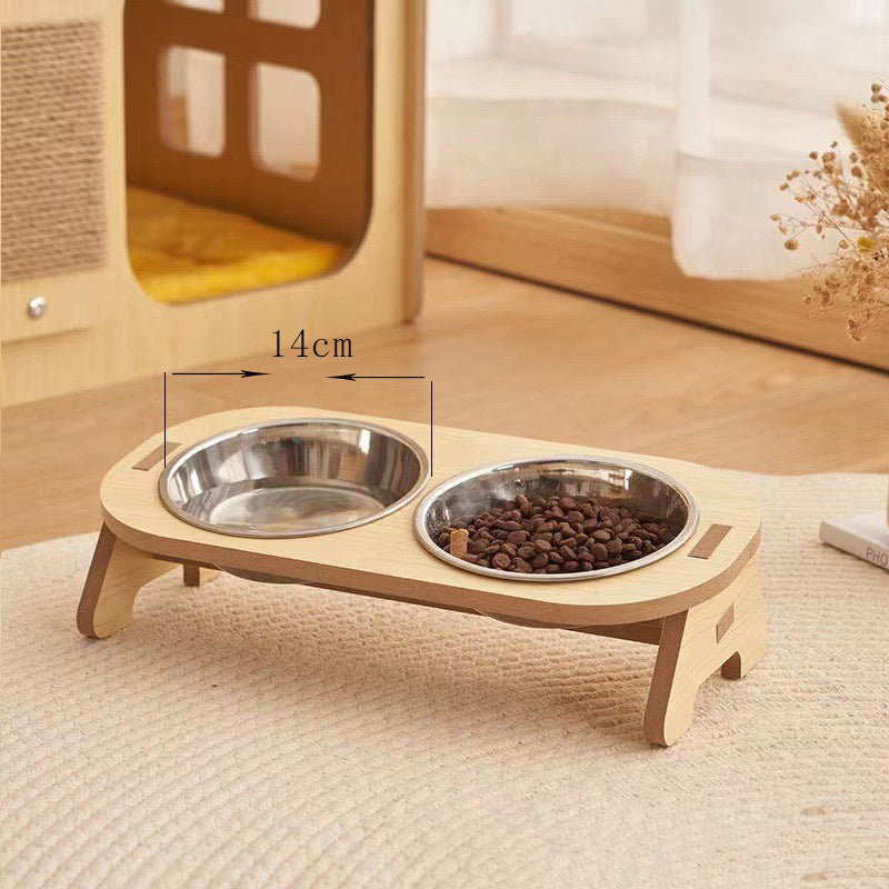 Raised Wood-Stand Ceramic Bowl, for cats and dogs.
