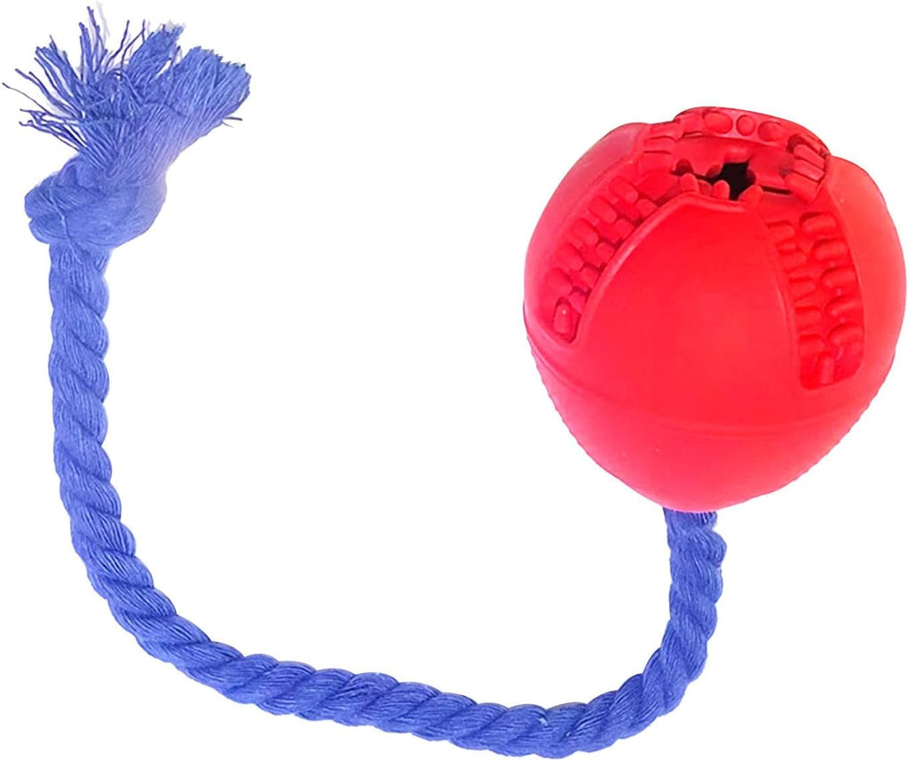 Rubber Treat Dispenser Toy with Rope, Connects to Crate, for dogs.