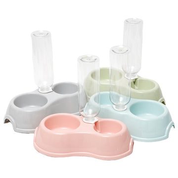 Macaron Pet Double Bowl with Drinking Bottle – Round Plastic Feeder – detail view