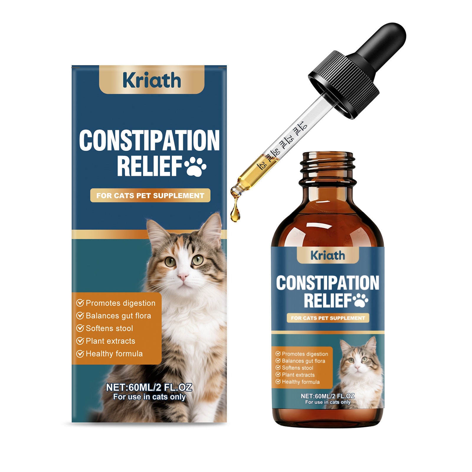 cat constipation relief liquid bottle placed beside cat food bowl