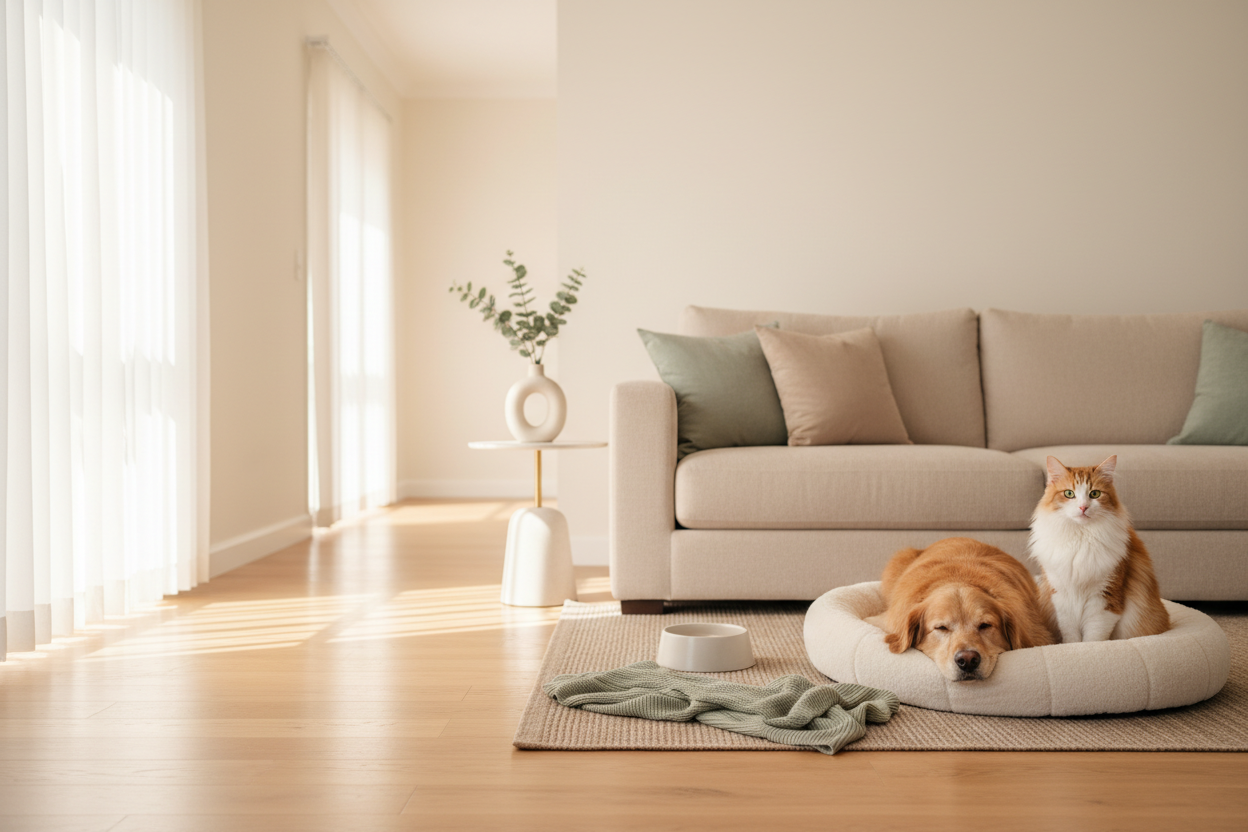 Cat and dog resting together with KindoPet essentials