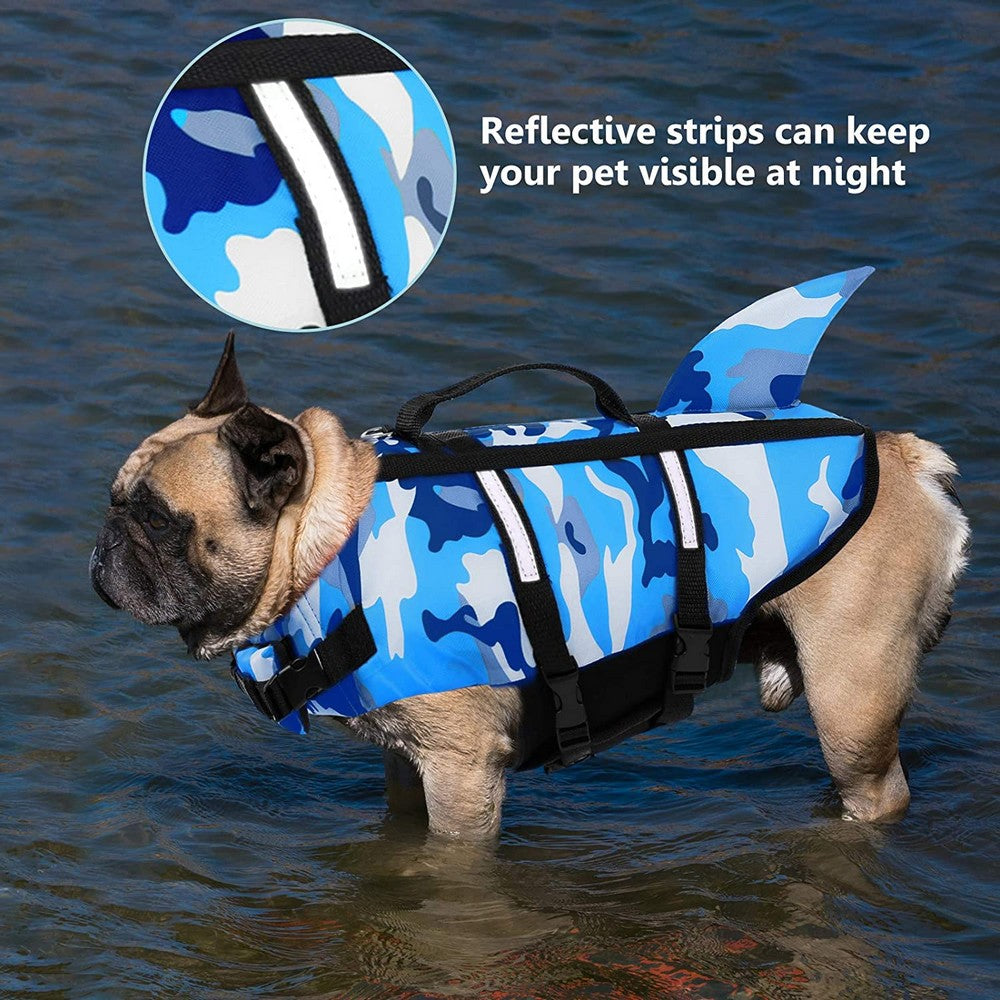 Camouflage Shark-Print Swim Vest, for dogs.