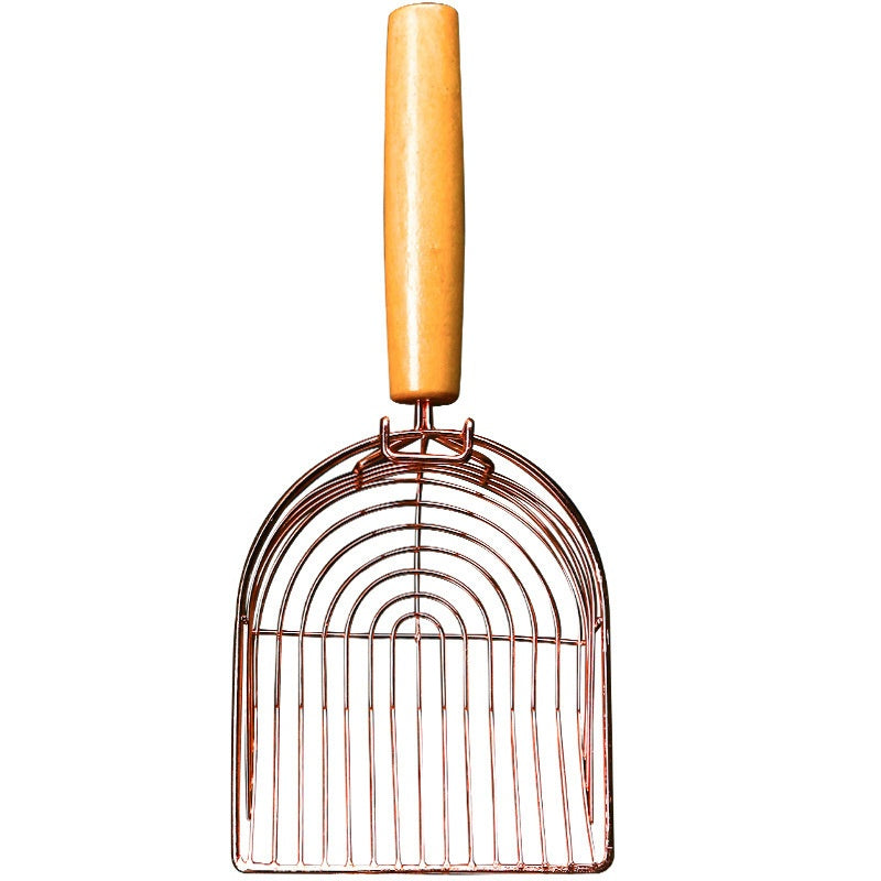 Rose Gold Metal Litter Scoop with Wood Handle, for cats.