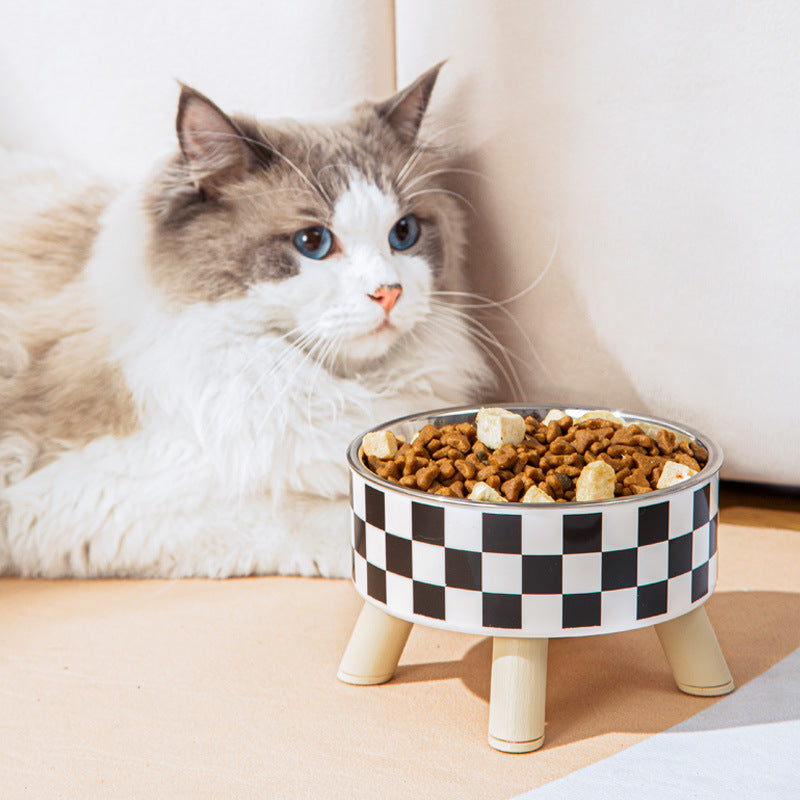 Polka Dot Stainless Steel Bowl on Four Legs, for cats.