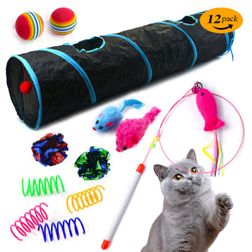 12-Piece Cat Toy Variety Pack – Wand, Mouse, Tunnel & Spring – size reference