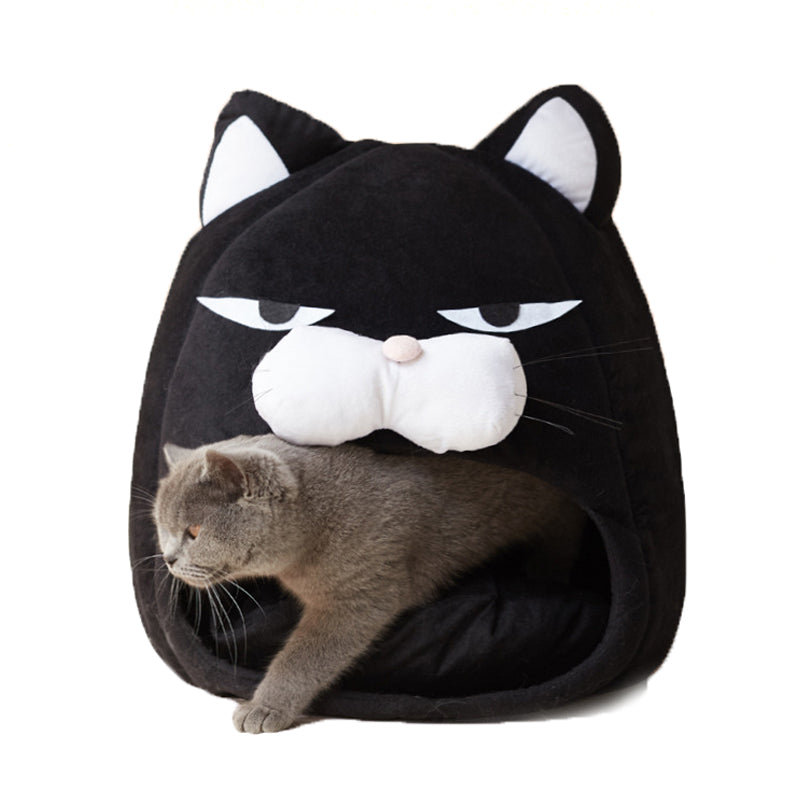 Cat-shaped black pouch with a gray cat inside on a white background