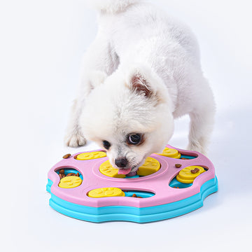 Vocalizing Slow Feed Pet Bowl – Sniffing Toy Feeder – in use