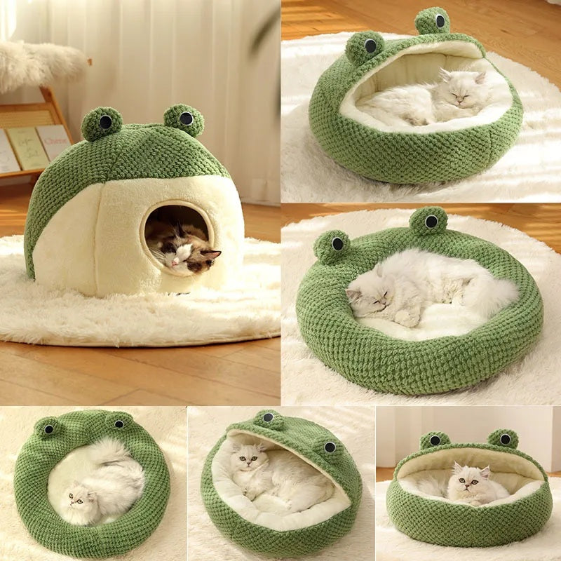 Adult cat sleeping comfortably inside frog-shaped pet bed demonstrating enclosed nest design and plush interior