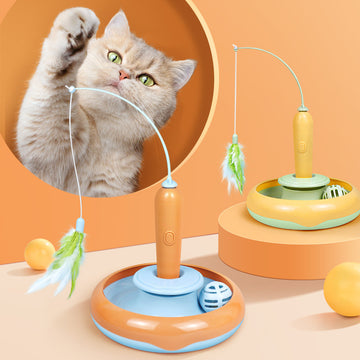 Cat Turntable Toy - 2-in-1 Feather Wand Self-Play Spinner