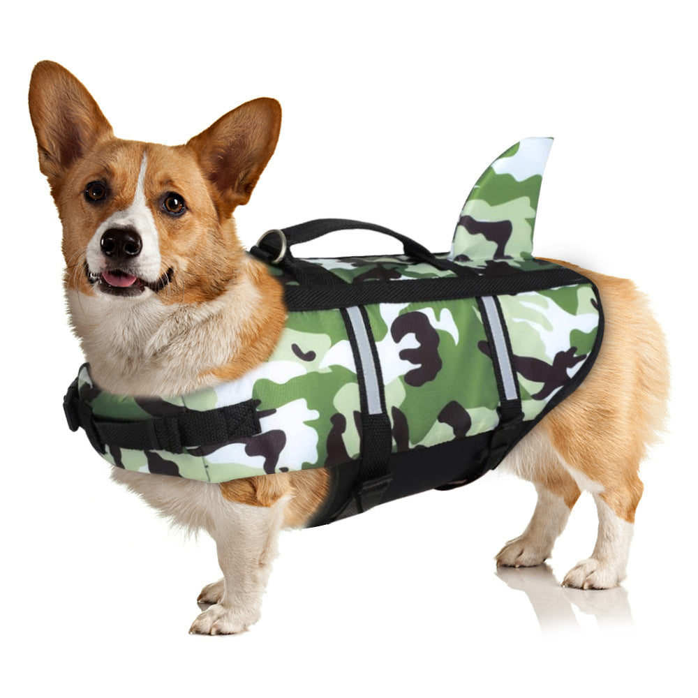 Camouflage Shark-Print Swim Vest, for dogs.