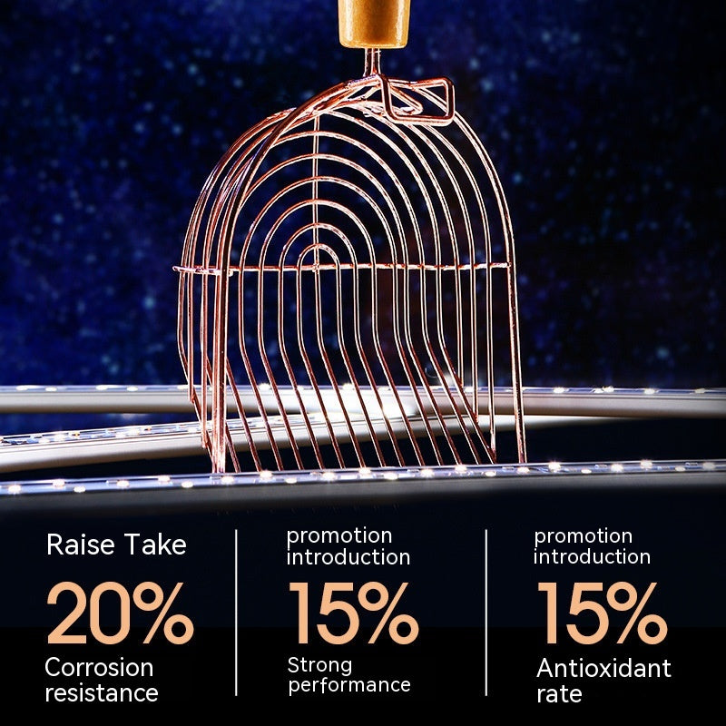 Rose Gold Metal Litter Scoop with Wood Handle, for cats.