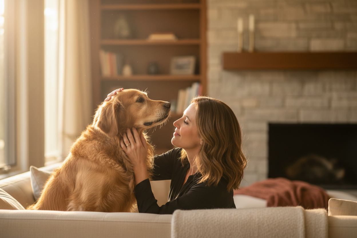 Create a heart-centered image symbolizing companionship and loyalty between pets and their owners. Show a pet staying close beside a person such as sitting together on a sofa, walking side by side, or looking at each other affectionately. Use warm golden lighting, emotional storytelling composition, and soft background blur. The visual tone should express support, reliability, and a comforting presence, matching a premium pet brand identity.
