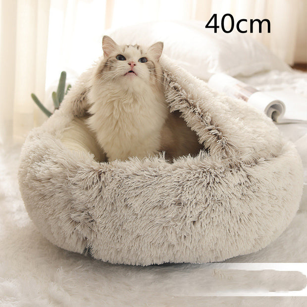 Round Winter Pet Bed – Plush Warm House for Dogs & Cats – angle view