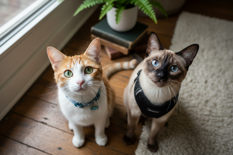 Cute Orange and white cat with green eyes wearing cute collar and besides him another race cat wearing a cool harness and both of them looking to the camera from the upper angle and the camera taking the picture from long range