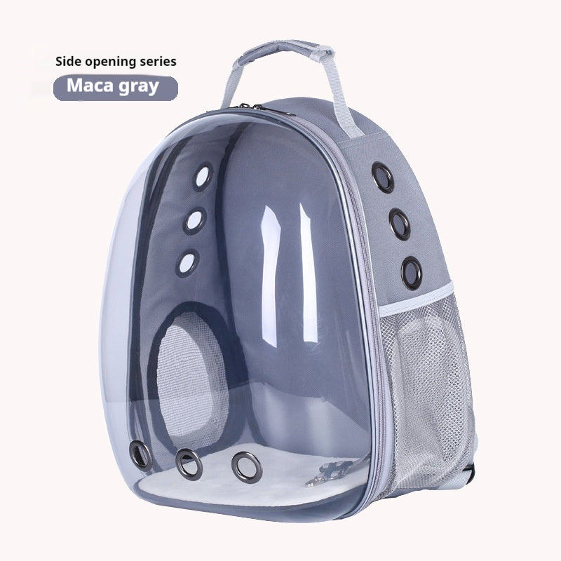 Transparent Panoramic Pet Backpack with Side Opening, for dogs and cats.