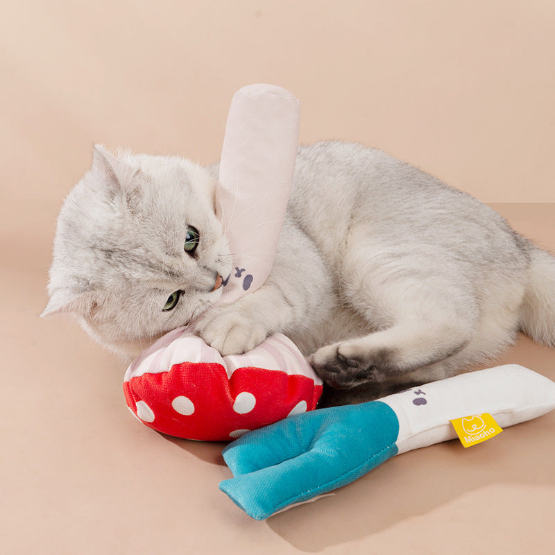 Mushroom-Shaped Plush Catnip Chew Toy, for cats.