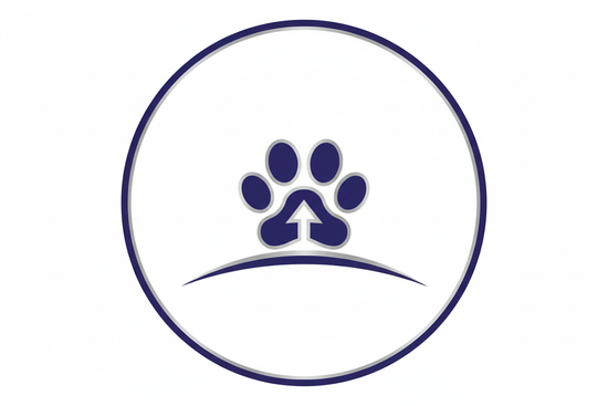 Design a futuristic, minimal vector icon representing forward vision and brand growth: a rising arrow or horizon integrated with a paw or pet shape. Use clean lines, modern outline style, and a sense of innovation and progress. Flat design, premium, scalable SVG-style icon.