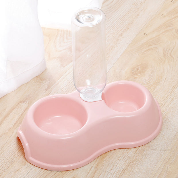 Macaron Pet Double Bowl with Drinking Bottle – Round Plastic Feeder – color options