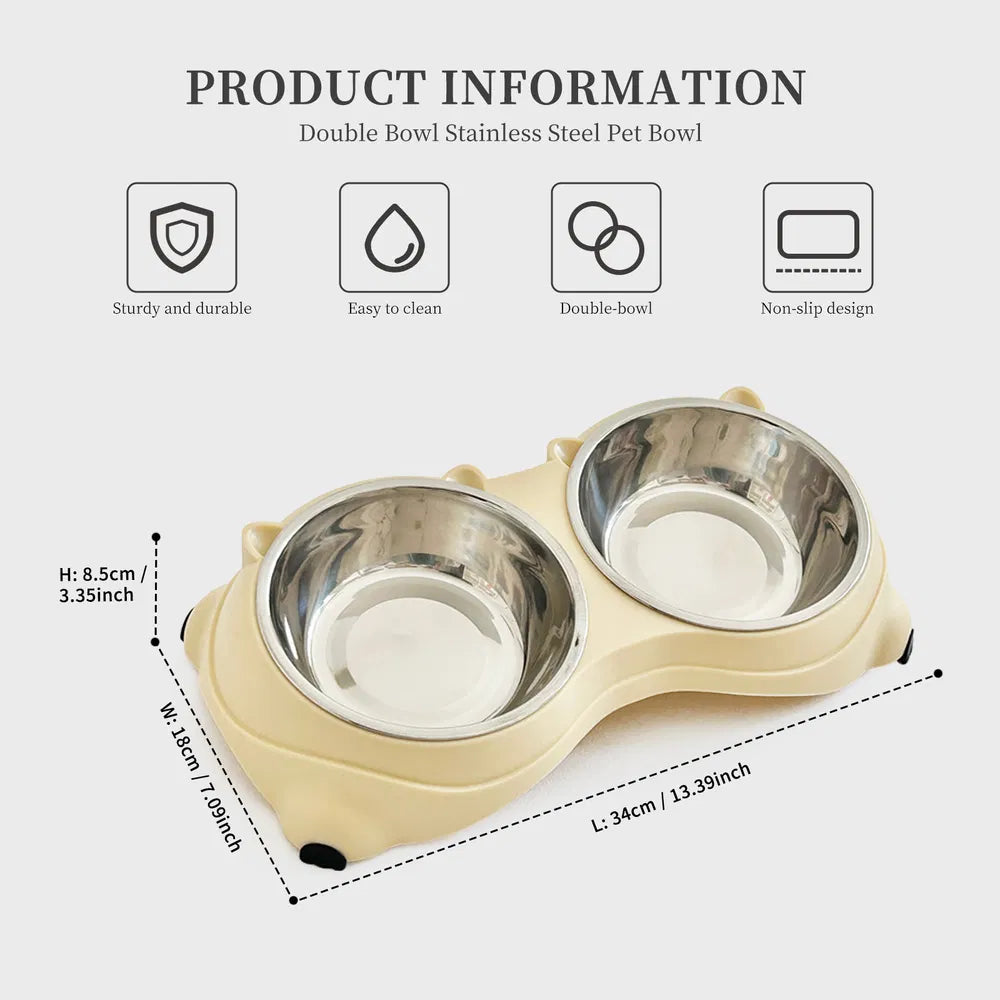 Dual Stainless Steel Pet Bowl Set, 600 ml Each, for dogs and cats.