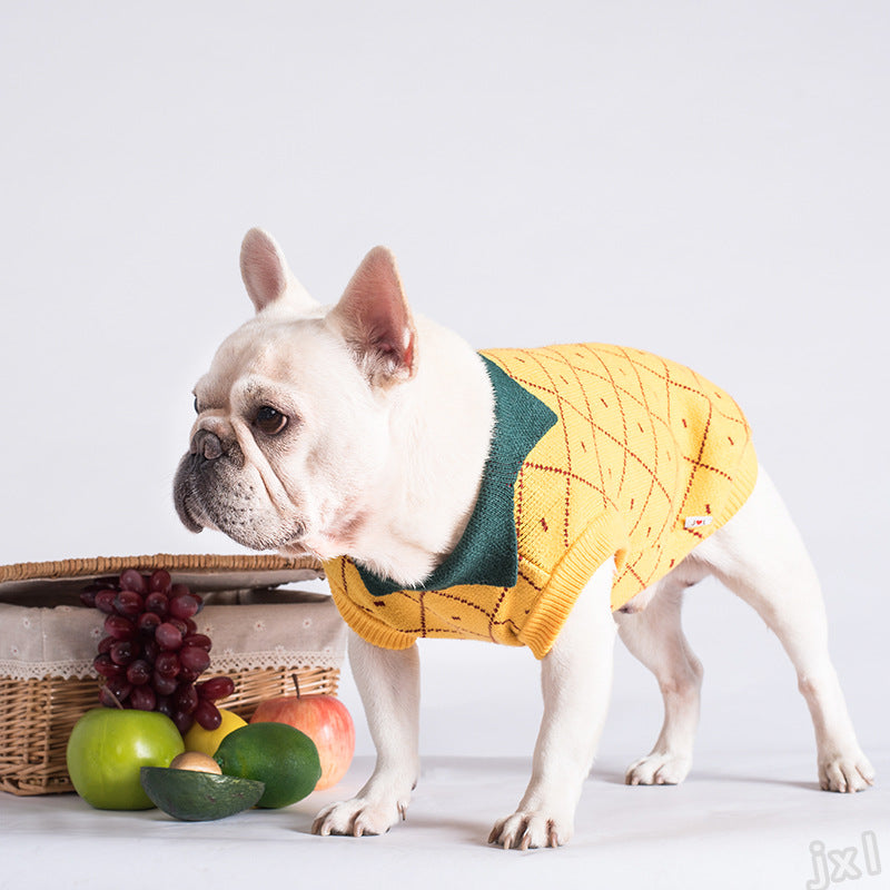 Yellow Cotton Knit Dog Sweater in Sizes XS to 2XL, for dogs.