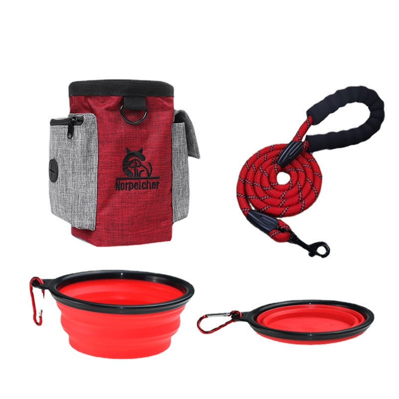 Three-Piece Dog Training Set with Bag, Leash, and Bowl, for dogs.