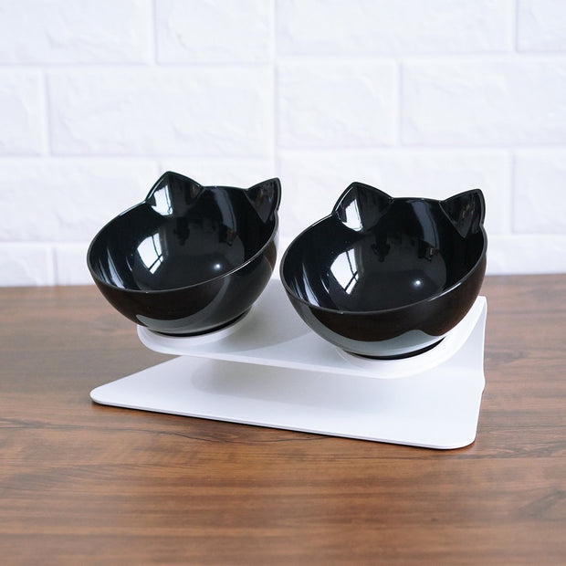 Elevated Double Cat Bowl – 15° Tilted Neck-Protection Food & Water Feeder – features