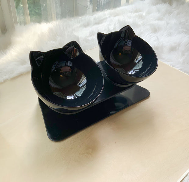 Elevated Double Cat Bowl – 15° Tilted Neck-Protection Food & Water Feeder – lifestyle photo