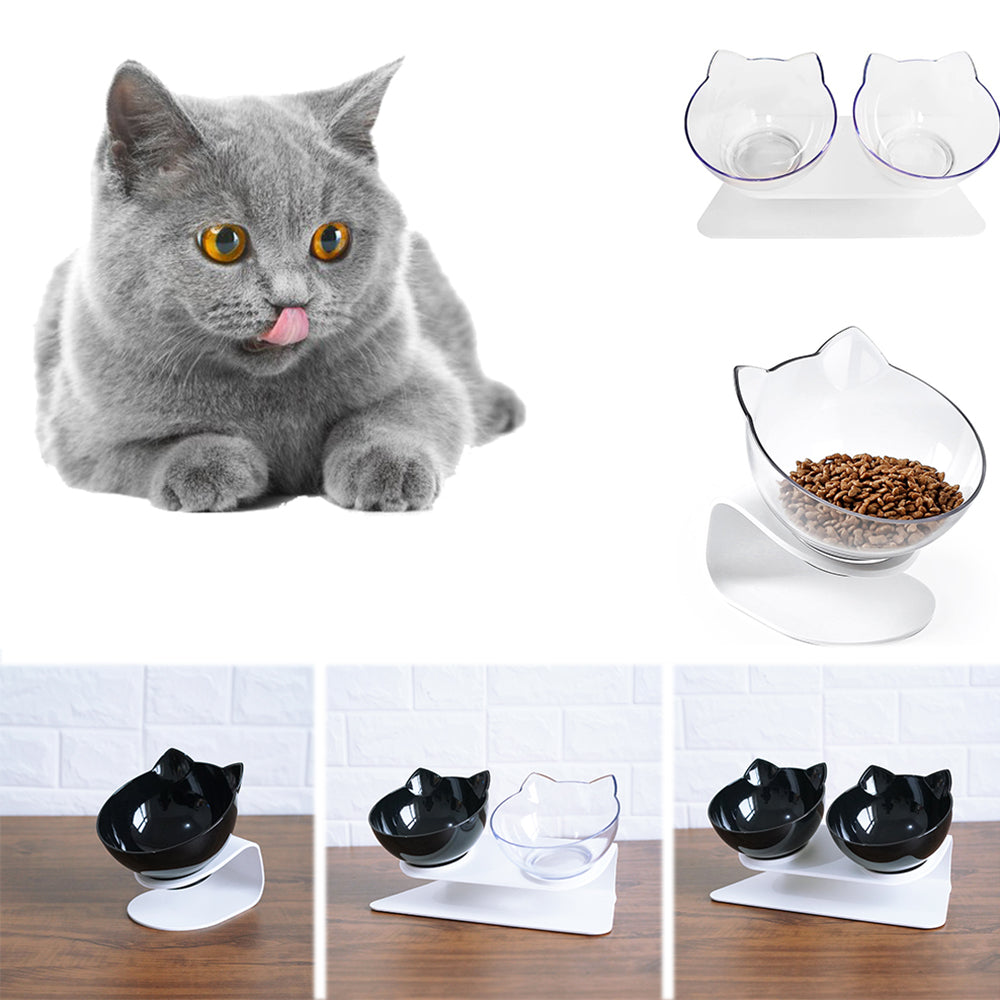 Elevated cat double bowl with 15 degree tilt for neck protection and cervical spine care