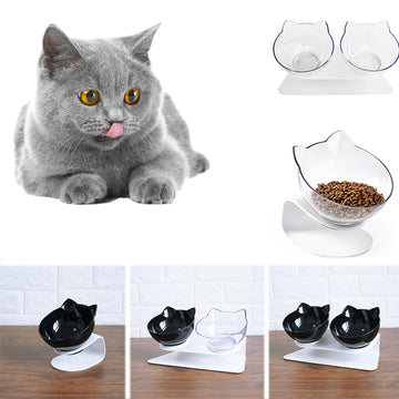 Elevated Double Cat Bowl – 15° Tilted Neck-Protection Food & Water Feeder
