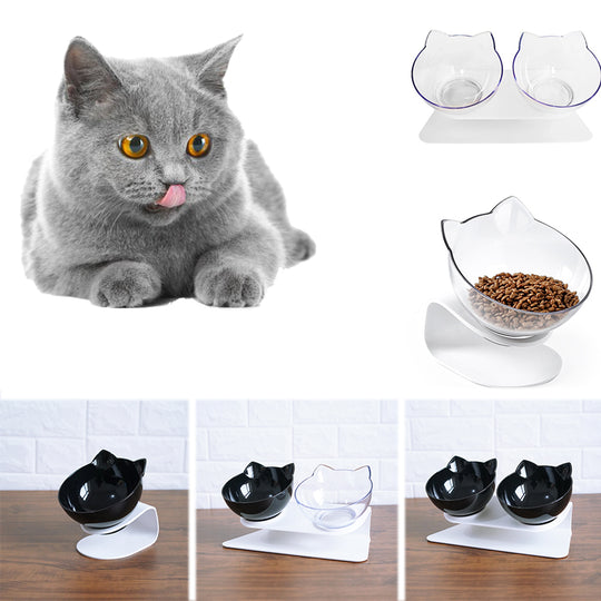 Elevated Double Cat Bowl – 15° Tilted Neck-Protection Food & Water Feeder