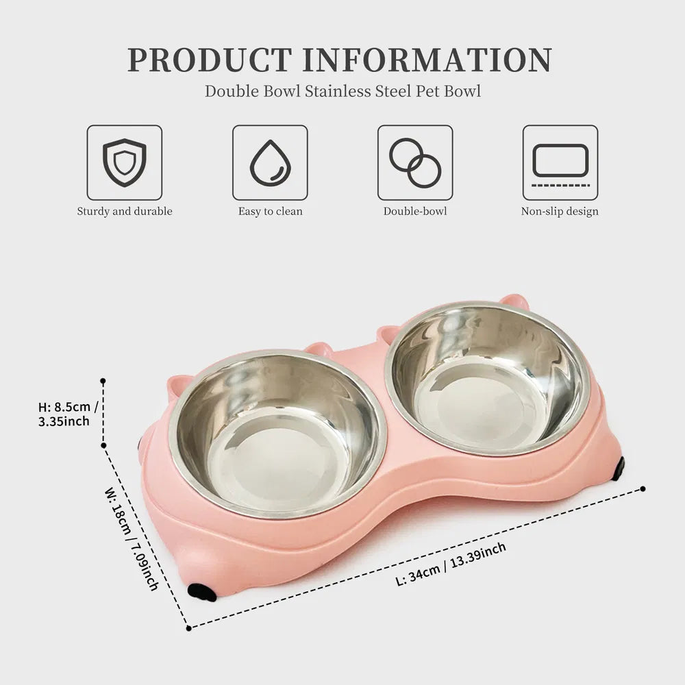 Dual Stainless Steel Pet Bowl Set, 600 ml Each, for dogs and cats.