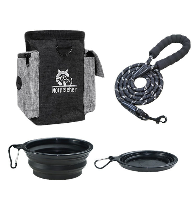 Three-Piece Dog Training Set with Bag, Leash, and Bowl, for dogs.