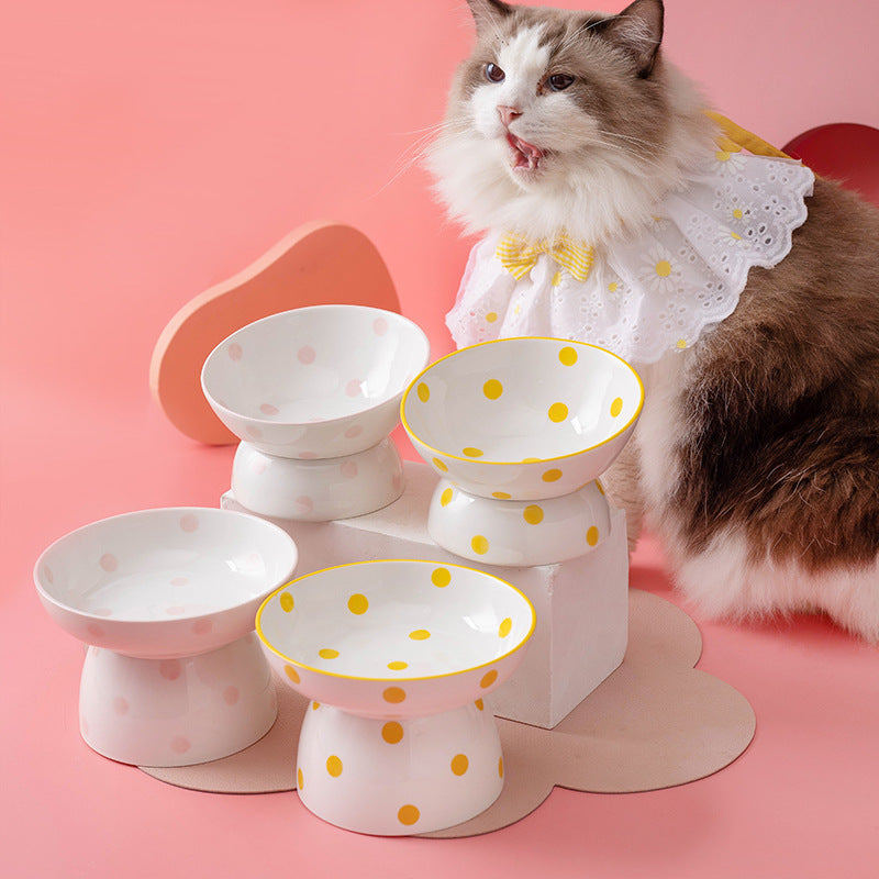 Raised Ceramic Cat Bowl with Polka Dot Design, for cats.