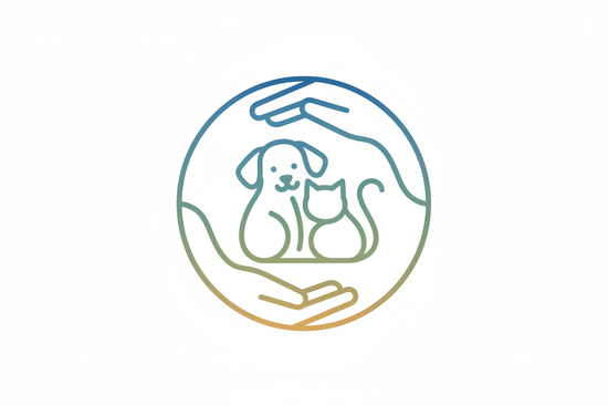Generate a clean, modern vector icon symbolizing community support and pet welfare: hands forming a circle around a paw or small pet silhouette. Soft geometric shapes, balanced outline thickness, friendly and approachable design. SVG-style, minimal and professional.