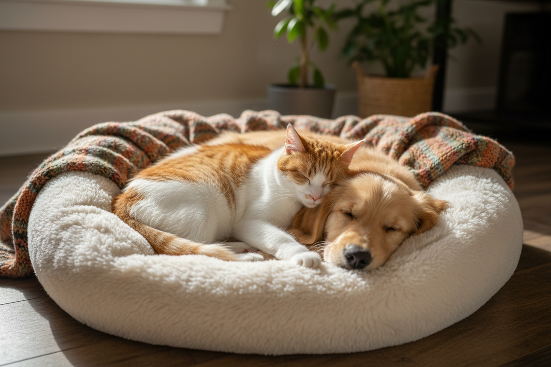 high quality image of orange and white cat and a dog are sleeping in pet bed 