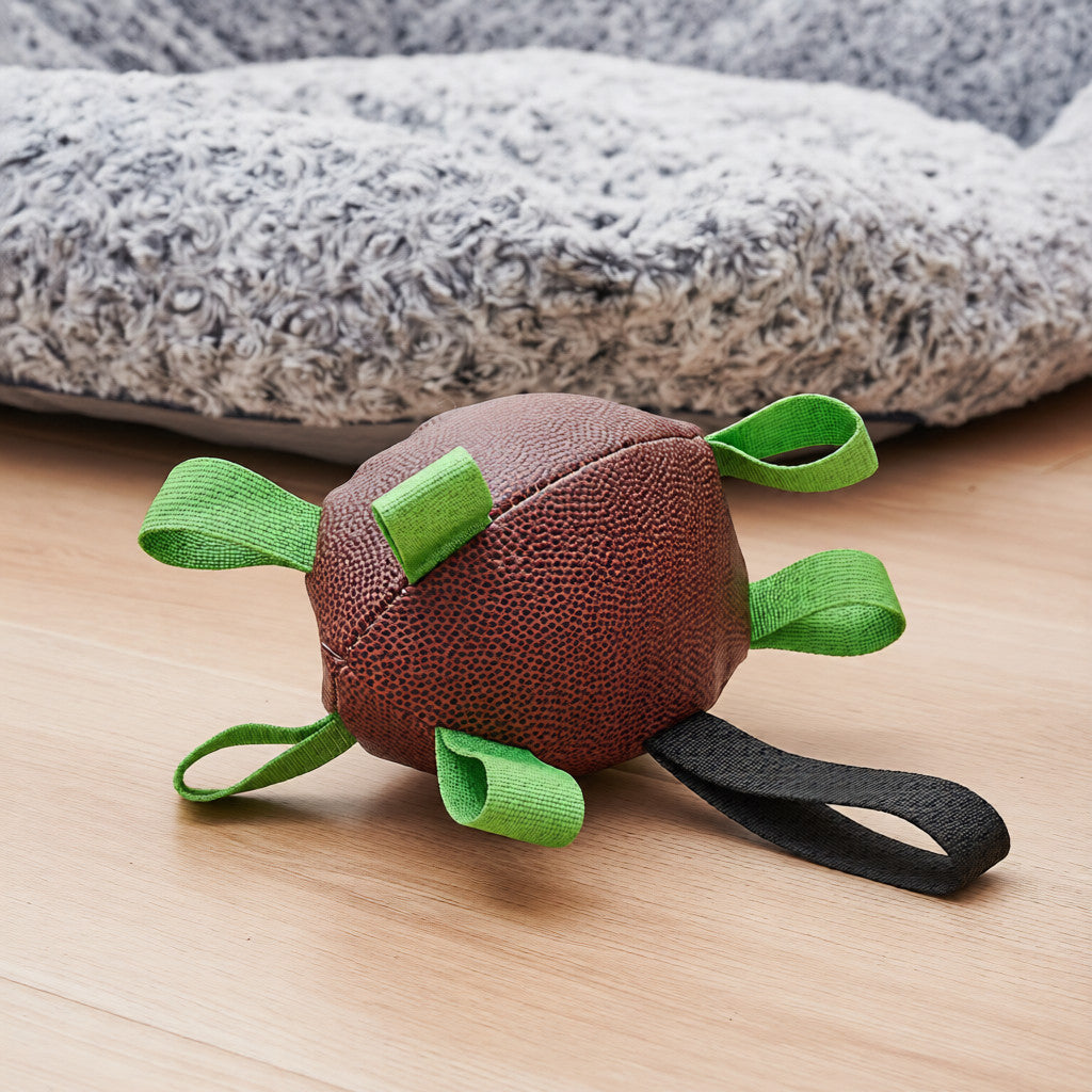 Labrador Retriever retrieving floating rugby toy from water during fetch training