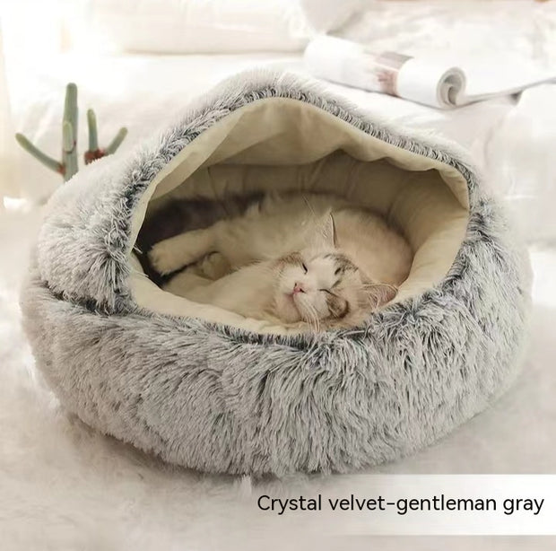 Round Winter Pet Bed – Plush Warm House for Dogs & Cats – in use