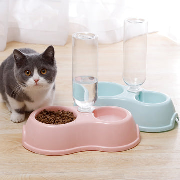 Macaron Pet Double Bowl with Drinking Bottle – Round Plastic Feeder