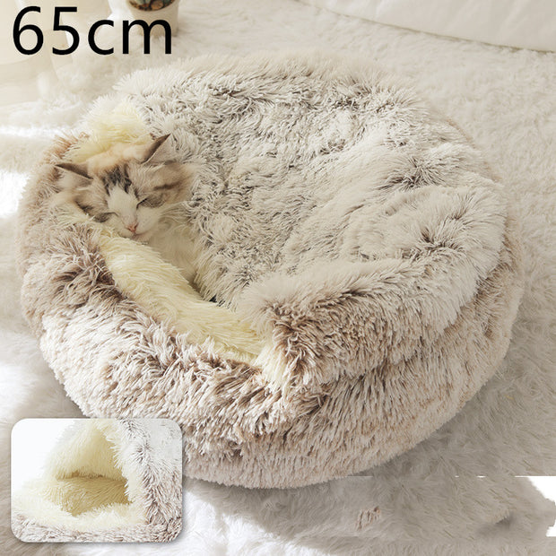 manx cat sleeping gray round plush pet house size M
